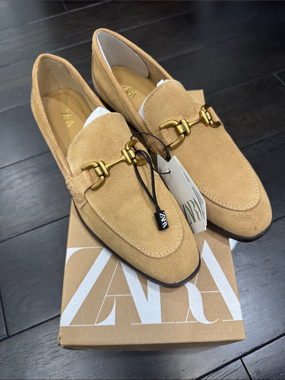 Zara Women’s Tan Suede Loafers with Gold Horsebit NWT